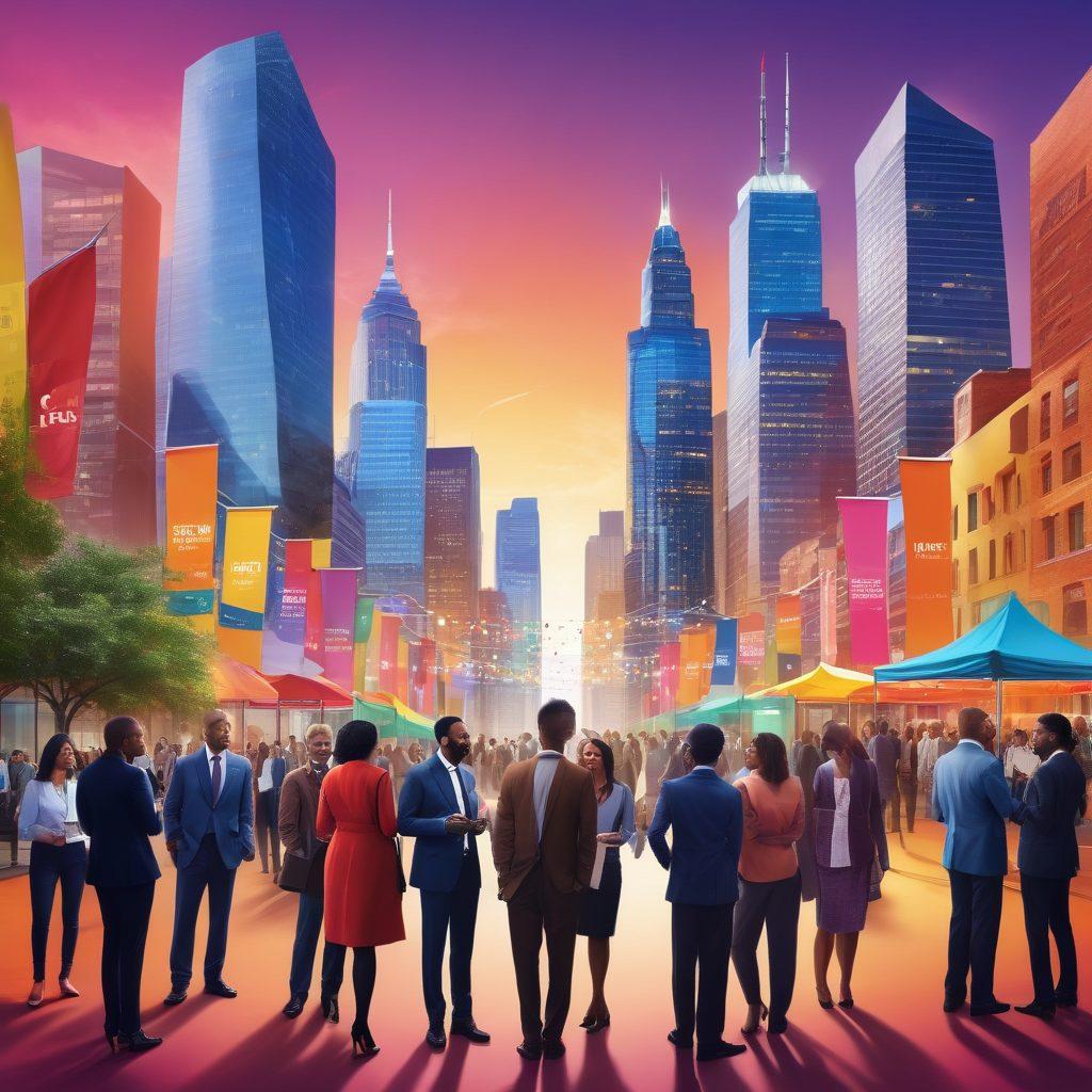 A diverse group of professionals exchanging ideas in a lively community networking event, surrounded by colorful banners representing various local organizations, with a backdrop of a city skyline symbolizing opportunity. Capture vibrant interactions and smiles, emphasizing collaboration and connection. super-realistic. vibrant colors. digital illustration.