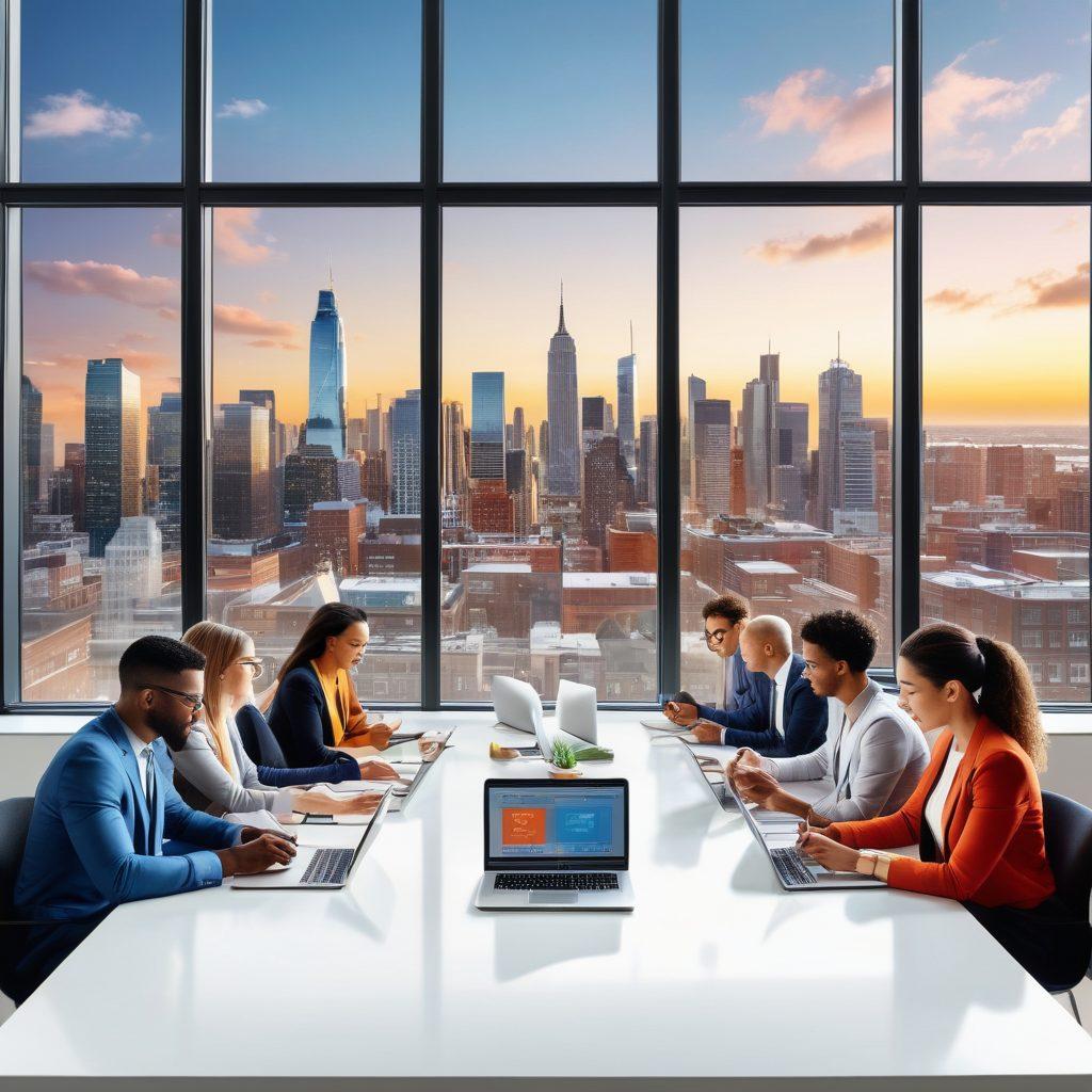A diverse group of professionals in a bright, modern workspace, collaborating around a table filled with books and digital devices symbolizing growth and learning. A large window showcases a vibrant city skyline, representing opportunity and ambition. Include floating icons symbolizing skills, networking, and mentorship above the group. super-realistic. vibrant colors. white background.
